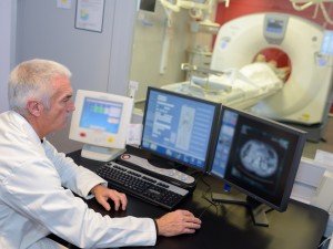 MRI technologist monitoring the screen