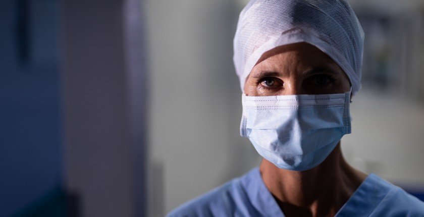 Portrait of a Caucasian female surgeon looking at the camera with an operation mask in the operation room