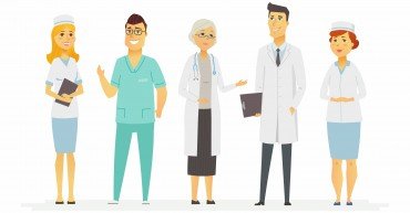 Doctors - cartoon people characters isolated illustration on white background. Smiling medical workers in a clinic: therapist, surgeon, nurse, physician standing, wearing overalls