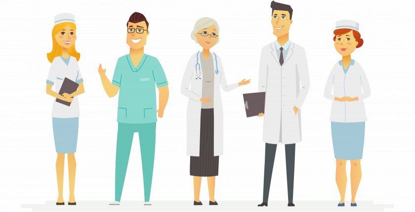 Doctors - cartoon people characters isolated illustration on white background. Smiling medical workers in a clinic: therapist, surgeon, nurse, physician standing, wearing overalls